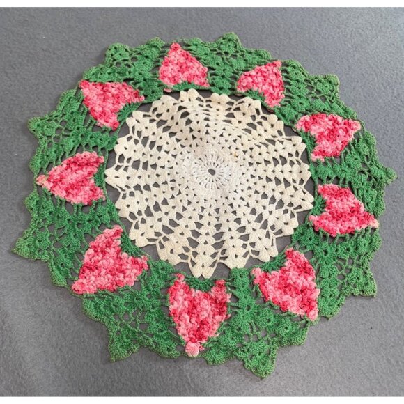 Handmade Crocheted Doily with Pink & Green Floral Design Vintage 14" Round - Picture 6 of 8
